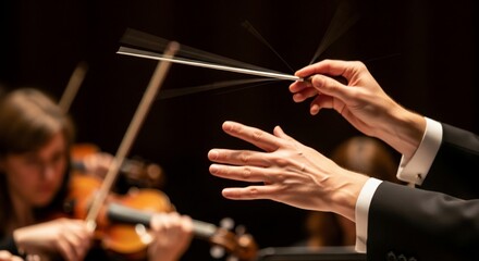 Conductor's hands with baton leading an orchestra during a classical music performance.