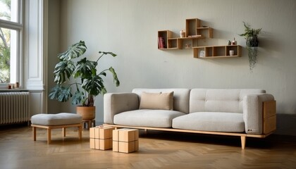Stylish Modern Japandi Living Room Featuring Gray Sofa, Wooden Decor, and Natural Light Elements
