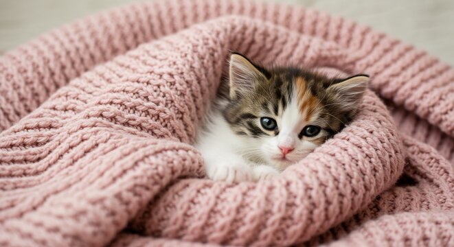 Chaton mignon blotti douce couverture rose lumi�re douce. AI Generated