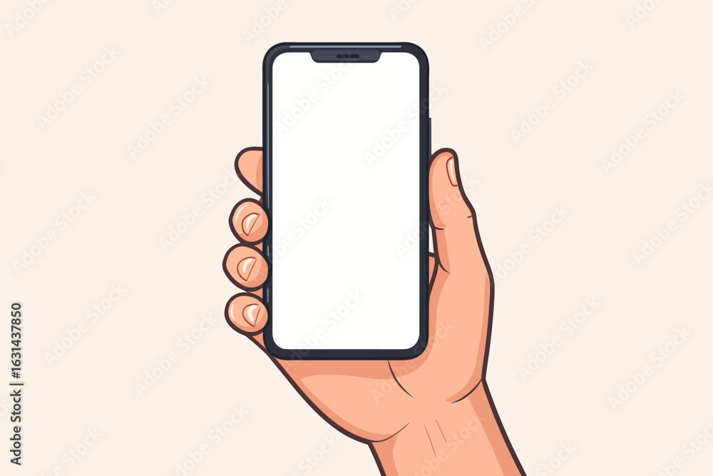 Poster hand holding smartphone with a blank screen. mobile phone mockup for app or ui ux design. vector car