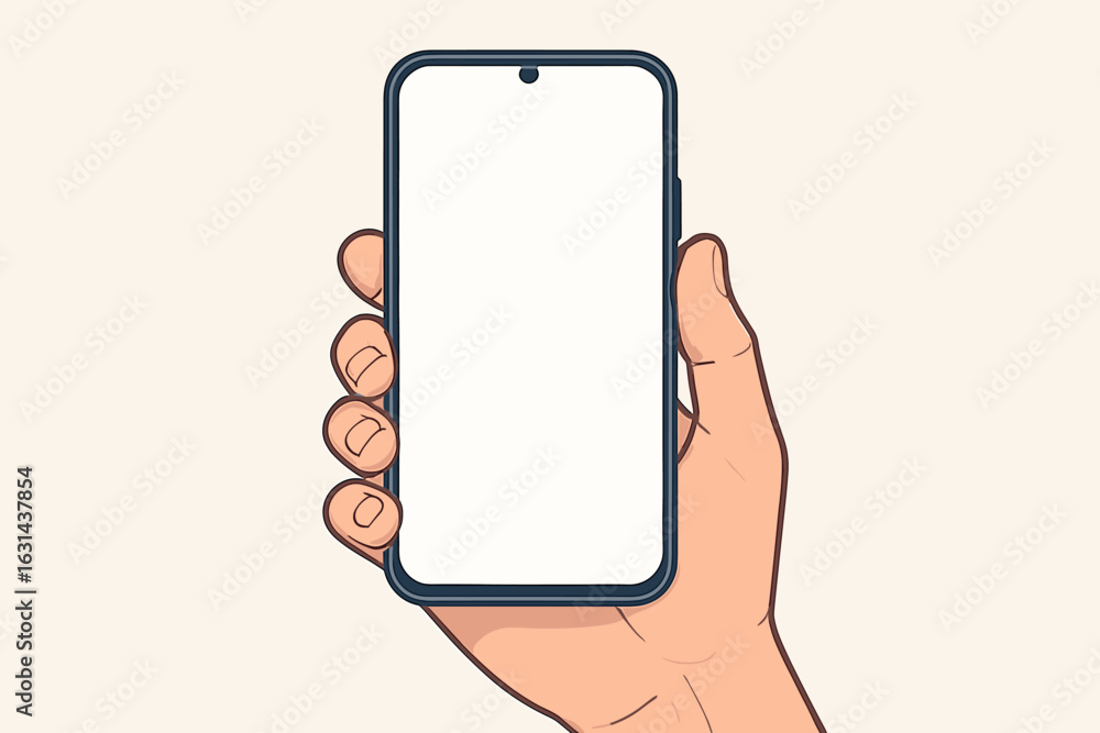 Poster phone in hand vector illustration mockup. hand holding smartphone with blank empty screen. mobile ap