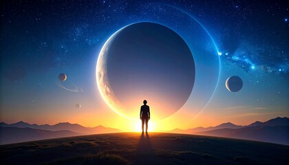 One figure rests in light, encircled by minimalist planetary arcs