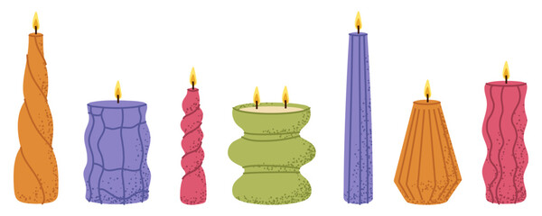 Colorful abstract burning candles, ideal for holiday decor or hygge designs.