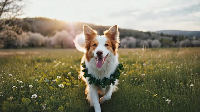 Joyful border collie with a leafy garland runs through a sun-drenched meadow, embodying pure happiness and outdoor adventure.