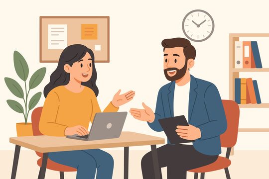 Office colleagues discussion. Man and woman working on a project with a laptop. Business teamwork and collaboration concept. Job interview or business meeting vector.