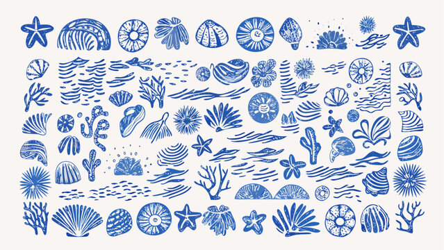 Collection of blue sea elements including shells starfish coral and waves in a textured stamp style