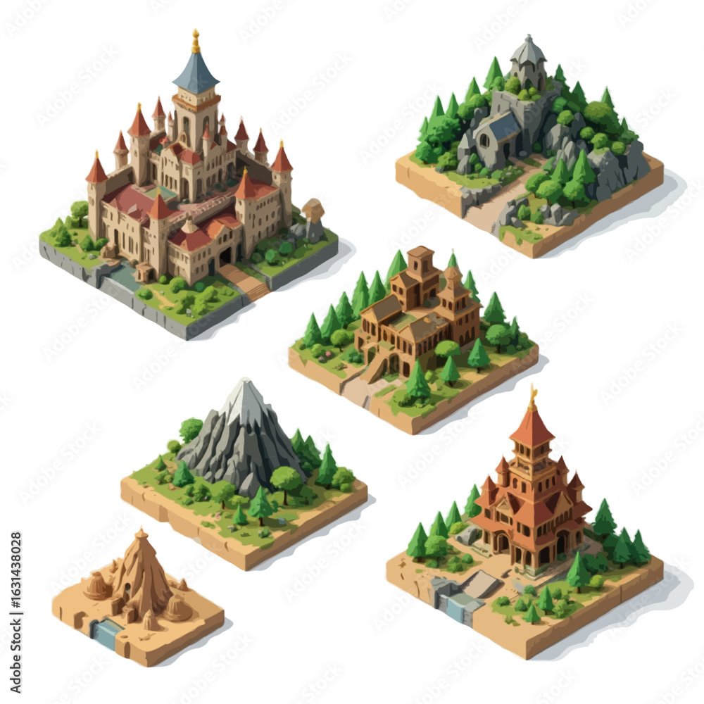 Poster a set of isometric rpg map location icons