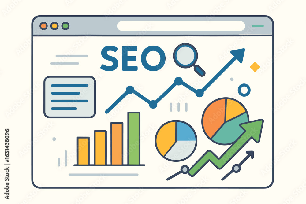 Aufkleber seo analytics report with graphs and charts in browser window. digital marketing data visualization 
