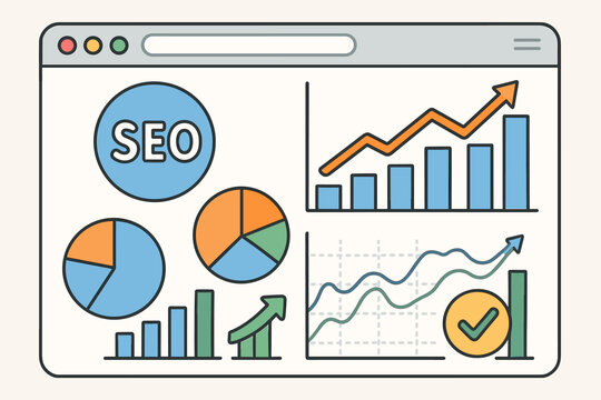 SEO analytics dashboard. Web browser with data analysis graphs, charts and diagrams. Search engine optimization report showing business growth, success and positive results.