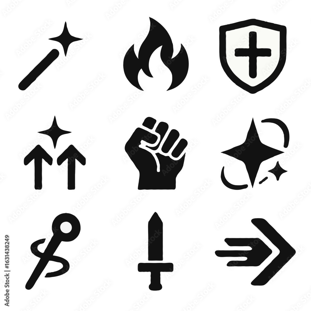 Poster a set of minimalist symbolic rpg skill icons