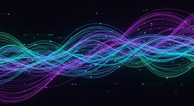 Ondes lumineuses bleues violettes dansent obscurit� fond noir effet abstrait. AI Generated