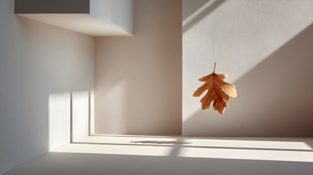 A floating dry leaf gracefully illuminated by sunbeams in a minimalist abstract interior scene - Powered by Adobe