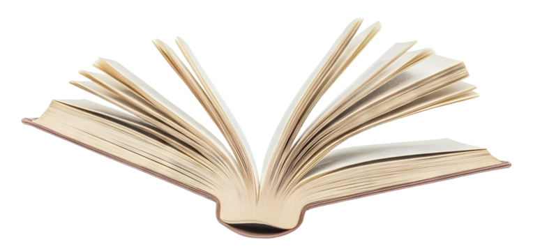 Open hardcover book with flipping pages, isolated on transparent cutout background