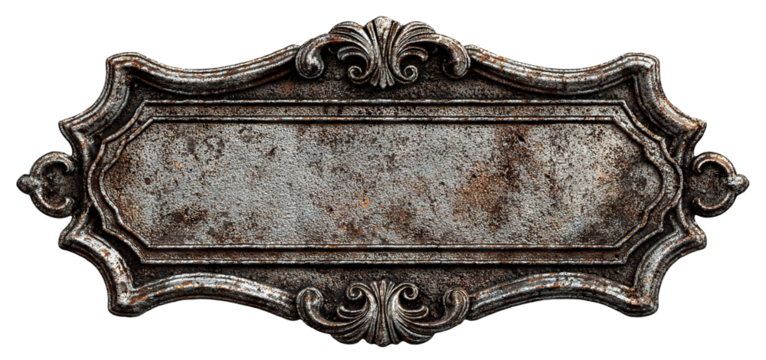 Ornate vintage metal sign with rust texture, isolated on transparent cutout background - Powered by Adobe