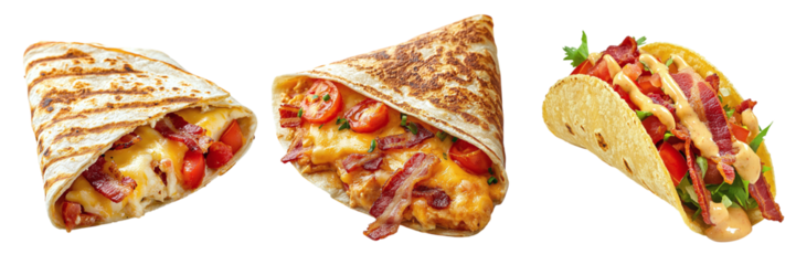 Set of delicious traditional tacos and quesadillas isolated on transparent background PNG
