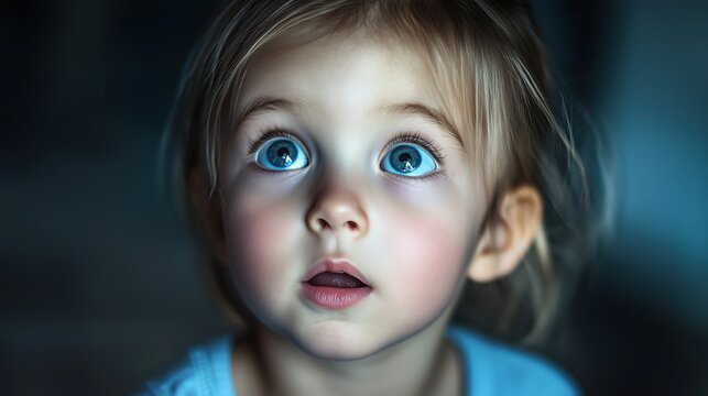 Naklejki well lit professional photo of a cute wondering surprised face kid girl, color background