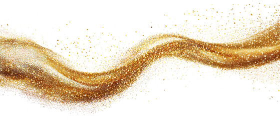 Shiny golden wave with sparkling glitter particles, isolated on transparent cutout background