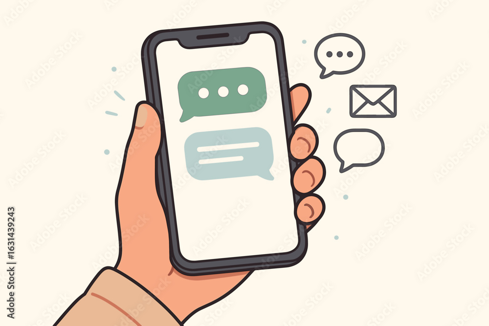 Poster hand holding smartphone with text messages on screen. chatting concept with speech bubbles. online c