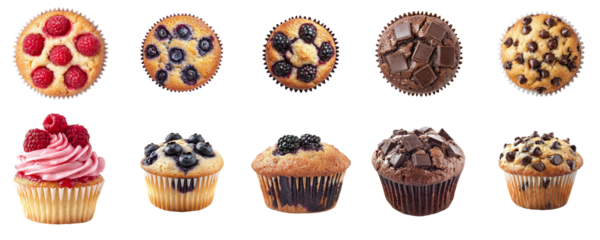 Set of various delicious cupcakes with different fillings isolated on transparent background PNG