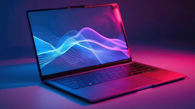 Sleek modern laptop displays dynamic glowing waveform visuals in vibrant neon blue and pink lighting, perfect for tech presentations and digital innovation concepts