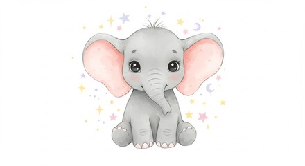 Fototapeta premium Adorable �l�phant b�b� paisible lumineux �toiles tendres. AI Generated