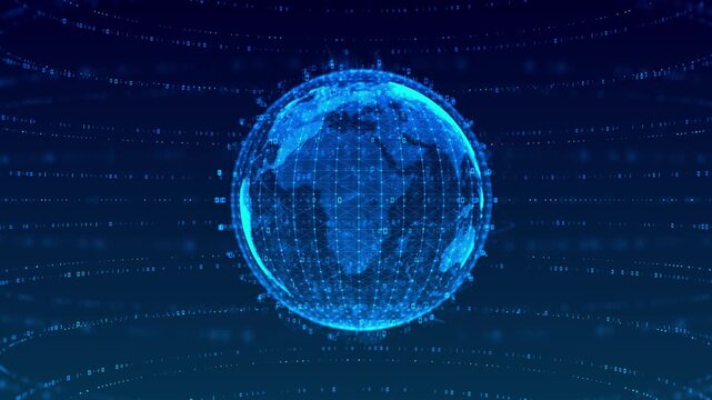 Digital earth rotating social future technology business 3d global network animation. grid data background. 5G smart deep tech space AI big data fintech web3 blockchain crypto money internet of things