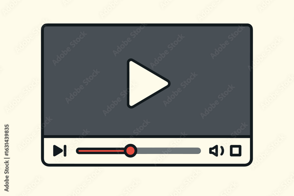 Poster video media player interface vector illustration. digital movie or film window frame with play butto