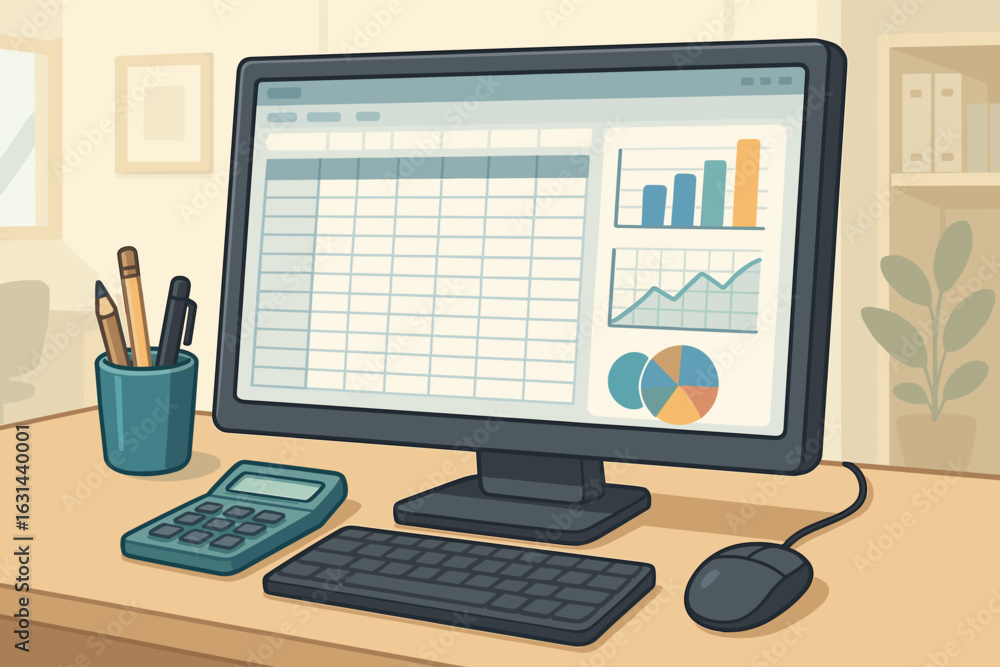 Aufkleber accounting computer screen with spreadsheet software. financial data analysis and business report wi