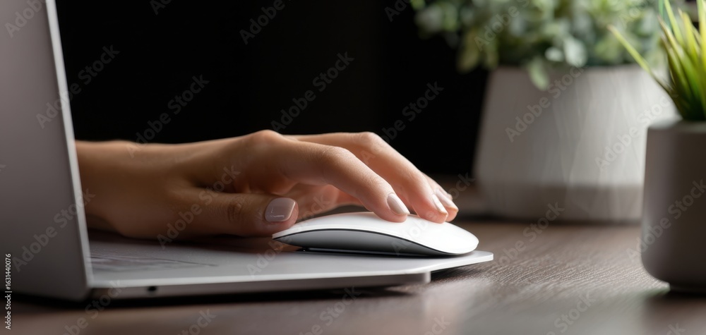 Poster the hand using a computer mouse on a sleek wooden desk.