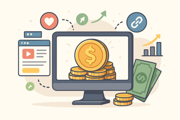 Affiliate marketing income concept with computer and money. Earn money online through blogging, content creation, and digital strategy. Passive income financial growth vector.