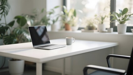 Modern office desk with a laptop, coffee mug, and indoor plants by a window