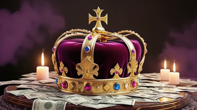 Intricate crown surrounded by candles and cash creates an opulent atmosphere