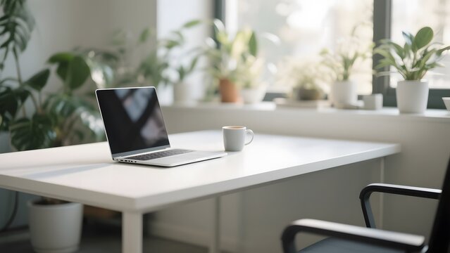 Modern office desk with a laptop, coffee mug, and indoor plants by a window
