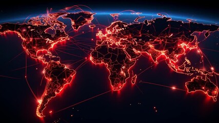 Global Network Connections: Illuminated World Map with Red Lines - Powered by Adobe