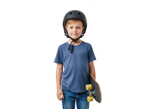 A young boy, wearing a helmet, stands confidently holding his skateboard, ready for action.