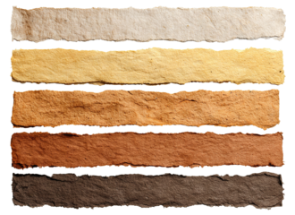 Set of torn paper strips in brown and beige shades, isolated on transparent cutout background