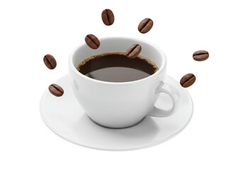 Fototapeta premium Coffee beans falling into a cup of coffee isolated on transparent background