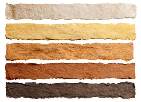 Set of torn paper strips in brown and beige shades, isolated on transparent cutout background