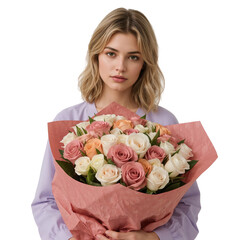Thoughtful Young Blonde Woman Holding a Bouquet of Beautiful Pink and White Roses, Isolated transparent background