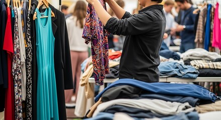 Stylish woman selecting a vibrant patterned top at a bustling clothing swap event for sustainable fashion