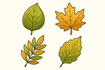 Fototapeta premium Vector leaves collection. Set of four cartoon leaf objects. Green and yellow autumn foliage. Natural plant design elements for graphics. Isolated illustration icons.