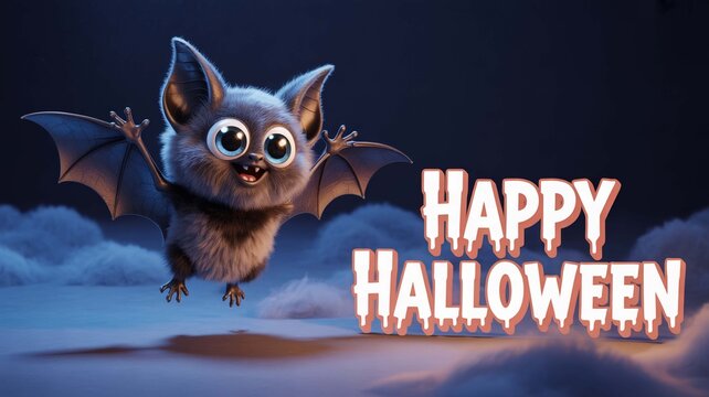 A whimsical cartoon bat joyfully spreads Halloween cheer with glowing Happy Halloween against soft moonlight and misty