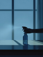 Hand reaching for a spray bottle on a table suggests a moment of commitment to cleanliness and personal hygiene in a well-lit indoor space