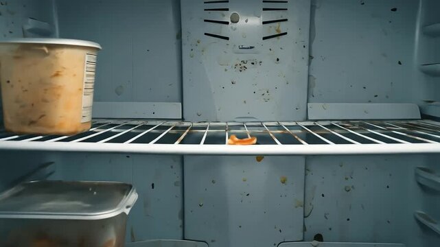 Open Refrigerator Interior View Showing Empty Shelves With Various Food Containers Stains And Dirt And Interior Wall Details
