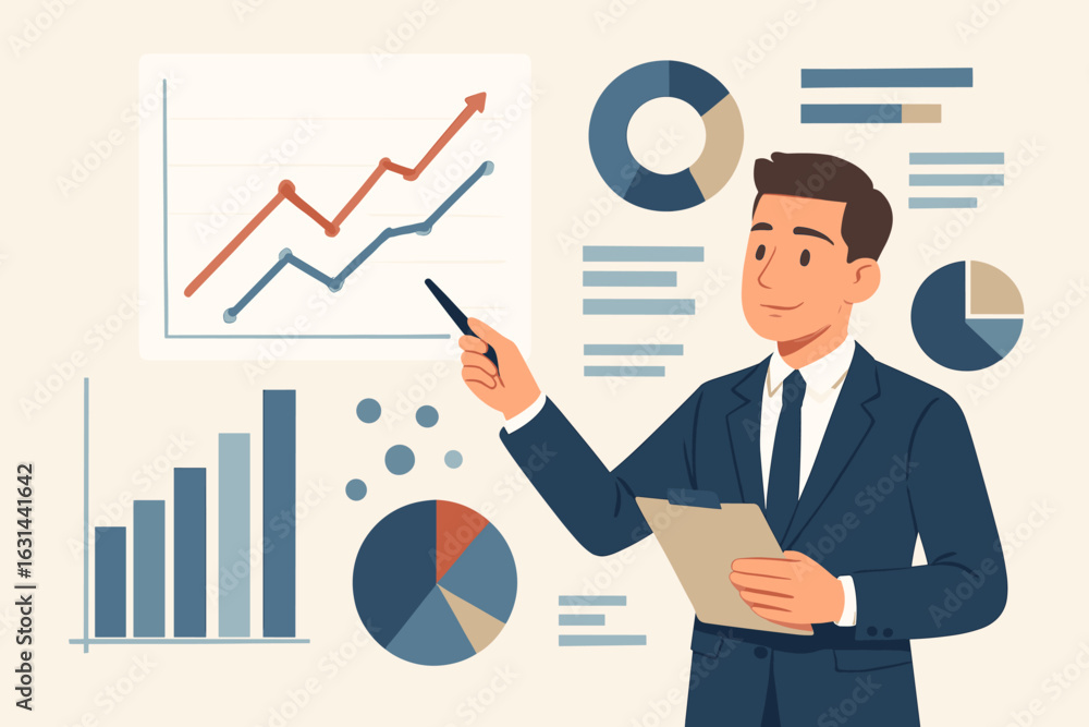 Poster businessman presenting data analysis on screen. man with charts and graphs. financial report and bus
