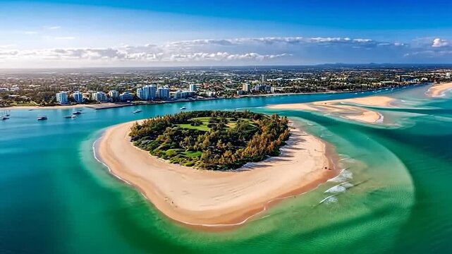 Aerial view of a serene tropical island surrounded by blue waters and sandy beaches.