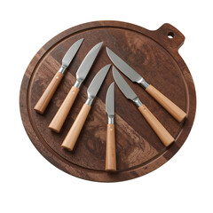 Set of Stainless Steel Kitchen Knives with Wooden Handles on a Round Cutting Board, Isolated transparent background