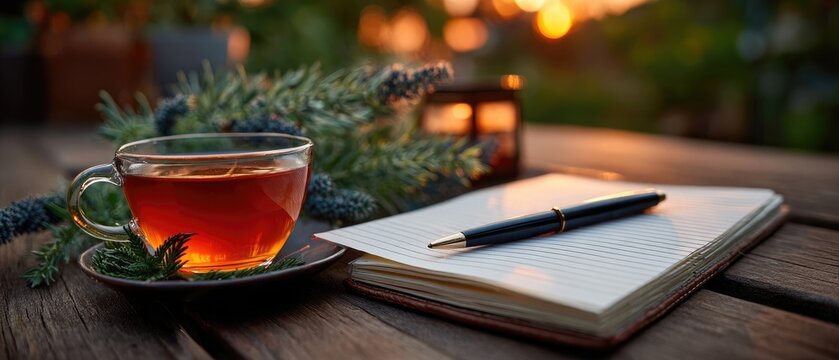Outdoor tea and journal at sunset