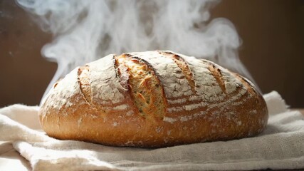 Warm, crusty artisan sourdough bread fresh from the oven, releasing fragrant steam, perfect for gourmet meals and bakery advertising.