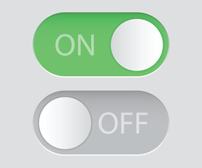 Green and gray toggle switch button set, ON and OFF sliding switch UI element, flat vector design on solid background, perfect for web and mobile interface design, user interaction concept